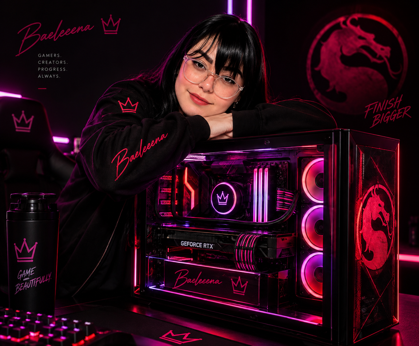Baeleeena junto a su PC personalizado con iluminación roja y magenta