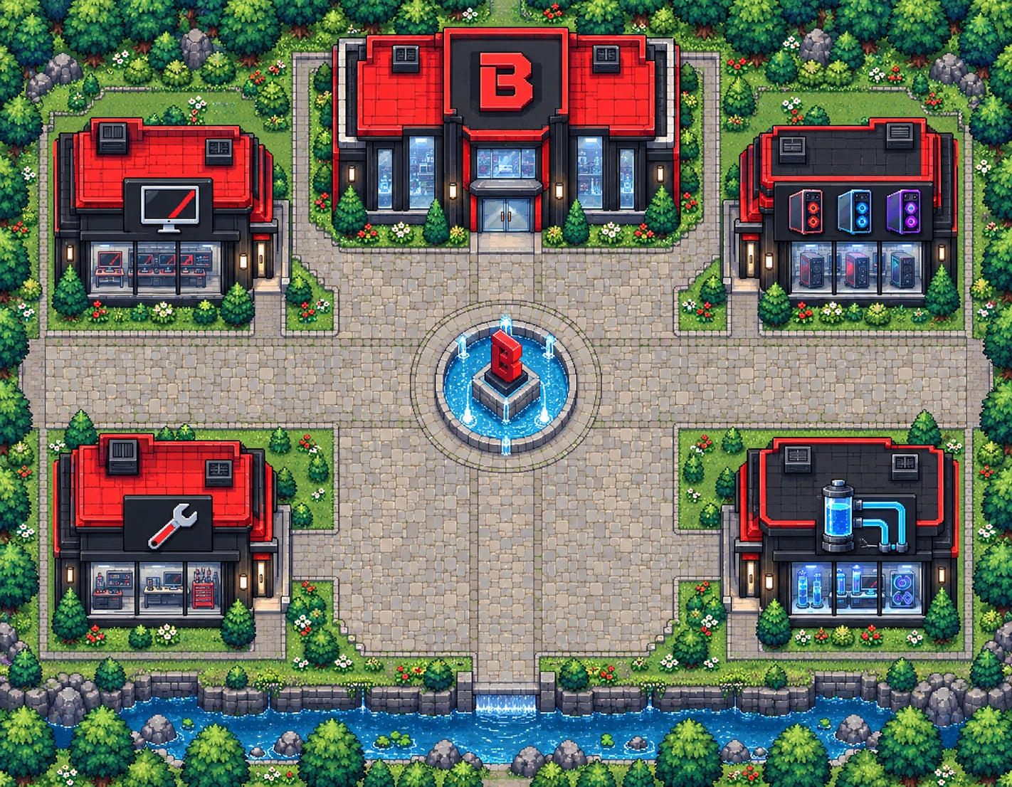 Pixel-art Bandi Tech district with red-roofed labs, gardens and a central plaza